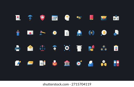 Gradient flat style icons set with legal, contract, justice, document, business, and law firm elements on dark UI background vector illustration for professional and corporate themes.