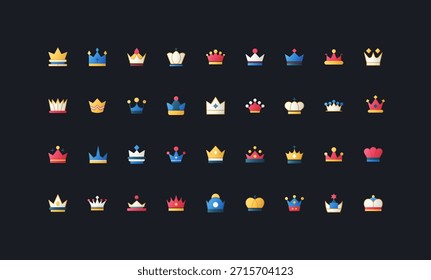 Ícones de estilo plano gradiente definidos com diversos designs de coroa real, chapéus de luxo, símbolos de monarquia e elementos reais na ilustração vetorial de fundo de IU escura.