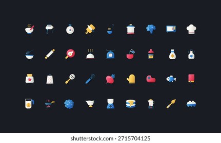Conjunto de iconos de estilo plano degradado con utensilios de cocina, utensilios de cocina, ingredientes alimentarios y herramientas de horneado en la Ilustración vectorial de fondo de interfaz de usuario oscura para temas culinarios, de recetas y gastronómicos.