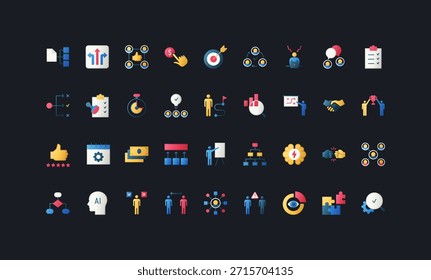 Conjunto de iconos de estilo plano degradado con toma de decisiones, trabajo en equipo, análisis, liderazgo, planificación y conceptos de flujo de trabajo en la Ilustración vectorial de fondo de interfaz de usuario oscura.