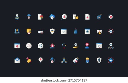 Farbverlauf-Flachbild-Symbole mit Cybersicherheit, Datenschutz, Malware, Datenschutz, Verschlüsselung, Netzwerksicherheit und Alarmkonzepten auf dunklem UI-Hintergrund, Vektorgrafik.