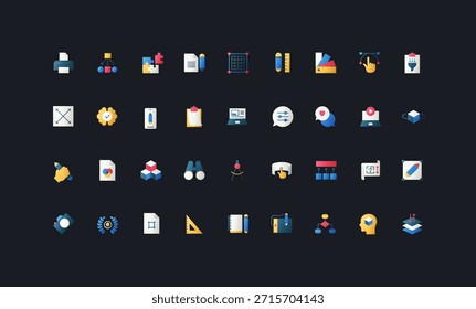 Conjunto de iconos de estilo plano degradado con procesos creativos, lluvia de ideas, planificación, análisis, trabajo en equipo y conceptos de innovación en la Ilustración vectorial de fondo de interfaz de usuario oscura.