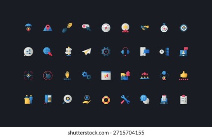 Farbverlauf-Flachbild-Symbole mit Kundendienst, Support, Kommunikation, Feedback, Tools und Geschäftsprozesselementen auf dunklem UI-Hintergrund, Vektorgrafik.