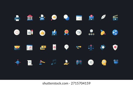 Conjunto de iconos de estilo plano degradado con Derechos de autor, legal, Marca comercial, patente, Propiedad intelectual, derechos creativos y símbolos de ley en la Ilustración vectorial de fondo de interfaz de usuario oscura.