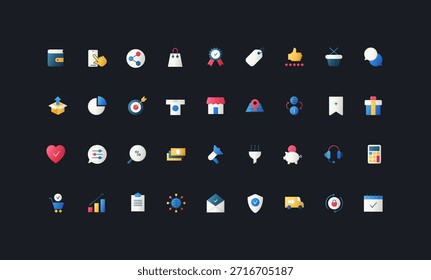 Conjunto de iconos de estilo plano degradado con comercio electrónico, análisis, entrega, finanzas, marketing, comunicación, compras y Elementos de negocios en la Ilustración vectorial de fondo de interfaz de usuario oscura.