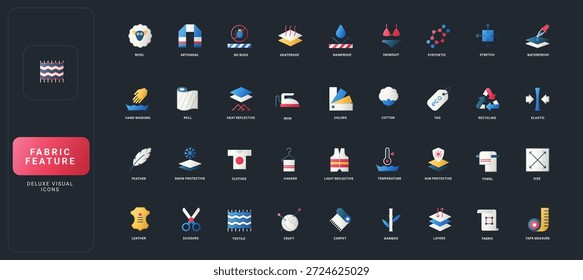 Gradient flat style icons set with textile, garment, care, material, and fabric feature symbols on dark UI background vector illustration for comprehensive fabric property identification.