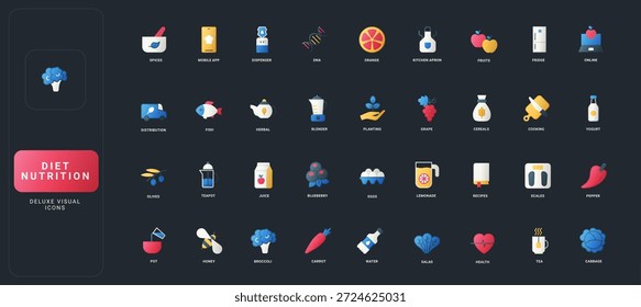 Conjunto de iconos de estilo plano degradado con nutrición, comida saludable, planificación de comidas, cocina, vitaminas y Elementos de dieta en la Ilustración vectorial de fondo de UI oscura.