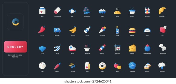 Conjunto de iconos de estilo plano degradado con diversos Elementos de comestibles, alimentos, bebidas, frutas, verduras, lácteos, panadería y entrega en la Ilustración vectorial de fondo oscura de UI.