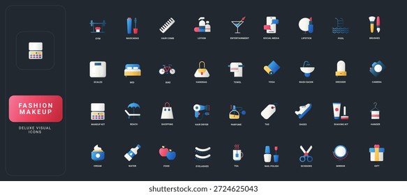Ícones de estilo plano gradiente definidos com moda, maquiagem, beleza, estilo de vida, bem-estar e elementos acessórios na ilustração vetorial de fundo IU escuro para projetos de design visual modernos.
