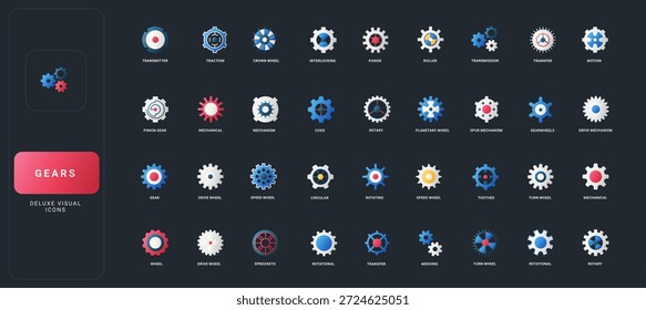 Farbverlauf-Flachbild-Symbole mit mechanischen Zahnrädern, Zahnrädern, Rädern und Übertragungselementen auf dunklem UI-Hintergrund, Vektorgrafik - industrielle, technische und Maschinenkonzepte visualisiert.