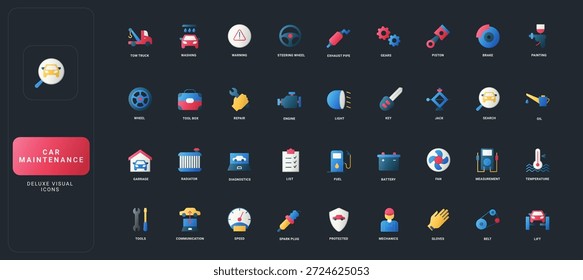 Conjunto de iconos de estilo plano degradado con mantenimiento de automóviles, reparación, diagnóstico, herramientas, seguridad y Elementos de servicio automotriz en Ilustración vectorial de fondo de interfaz de usuario oscura.