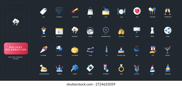 Conjunto de iconos de estilo plano degradado con diversos símbolos de fiestas, celebraciones y eventos festivos, incluidos alimentos, regalos, tradiciones y Elementos de fiesta en la Ilustración vectorial de fondo oscura de la interfaz de usuario.