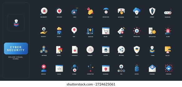 Gradient flat style icons set with cyber security, data protection, network safety, hacking, cloud, coding, and digital privacy on dark UI background vector illustration.