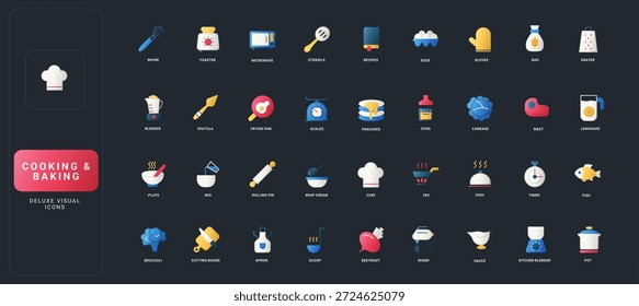 Conjunto de iconos de estilo plano degradado con utensilios de cocina, ingredientes de alimentos, utensilios de cocina, herramientas de chef y elementos esenciales de horneado en la Ilustración vectorial de fondo oscuro de UI.