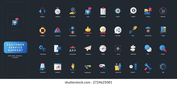 Conjunto de iconos de estilo plano degradado con Servicio al cliente, comunicación, herramientas de Asistencia, Comentarios y Elementos de flujo de trabajo en Ilustración vectorial de fondo de interfaz de usuario oscura.