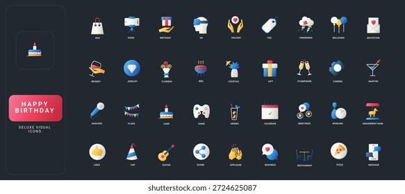 Conjunto de iconos de estilo plano degradado con cumpleaños, fiesta, celebración, comida, bebidas, entretenimiento y Elementos sociales en la Ilustración vectorial de fondo de UI oscura.