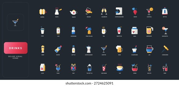 Conjunto de iconos de estilo plano degradado con diversos símbolos de bebidas y bebidas, incluidos alcohol, café, té, jugo y barware en la Ilustración vectorial de fondo oscura de UI.