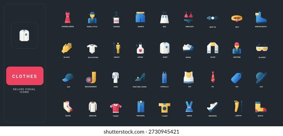 Ícones de estilo plano de gradiente definidos com roupas, acessórios, medidas e elementos de calçado diversos na ilustração vetorial de fundo da IU escura para conceitos de moda, varejo e guarda-roupa.