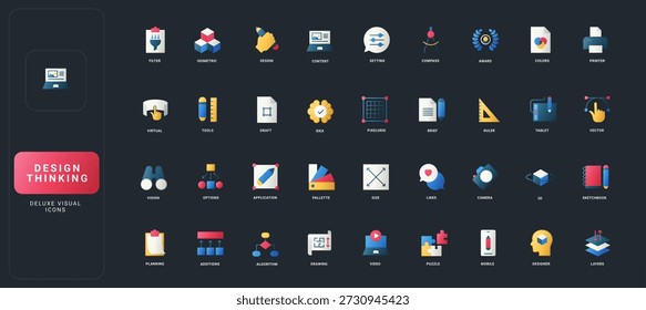 Gradient flat style icons set with creative process, digital tools, planning, algorithm, palette, camera, and sketchbook on dark UI background vector illustration.