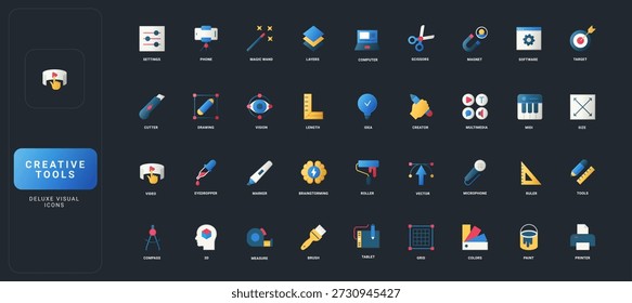 Conjunto de iconos de estilo plano degradado con herramientas digitales creativas, Elementos de diseño, multimedia, medidas y equipos artísticos en la Ilustración vectorial de fondo de interfaz de usuario oscura.
