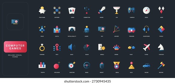 Gradient flat style icons set with gaming, strategy, racing, virtual reality, network, and achievement elements on dark UI background vector illustration.