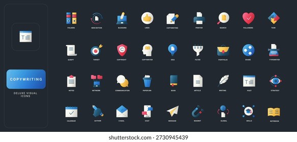 Gradient flat style icons set with copywriting, blogging, communication, writing, publishing, and digital content elements on dark UI background vector illustration.