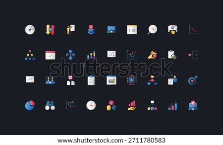 Gradient flat style icons set with business analytics, data visualization, financial growth, teamwork, planning, and performance metrics on dark UI background vector illustration.
