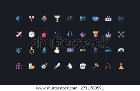 Gradient flat style icons set with gaming, competition, puzzle, adventure, casino, and achievement elements on dark UI background vector illustration for digital entertainment themes.