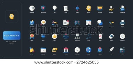 Gradient flat style icons set with copyright, trademark, legal, creative, document, and media concepts on dark UI background vector illustration for intellectual property themes.