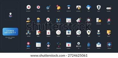 Gradient flat style icons set with cyber security, data protection, network safety, hacking, cloud, coding, and digital privacy on dark UI background vector illustration.
