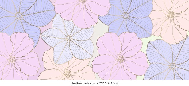 Gradient floral background with colorful flowers and golden outline. Background for cards, covers, wallpapers, invitations and presentations