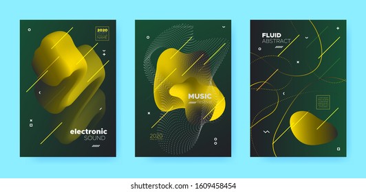 Gradient Flow Shapes. Night Club Party Flyer. Luxury Music Background. Dj Poster. Gold 3d Futuristic Banner. Abstract Flow Shapes. Night Party Template. Music Brochure. Green Gradient Flow Shapes.