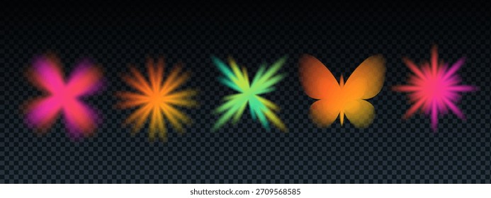 Flor degradada, mariposa, estrella y elemento de desenfoque de forma abstracta en estilo y2k con bg transparente y brillo de neón. La flor degradada y2k en tonos naranja, rosa y verde agrega luz holográfica suave.
