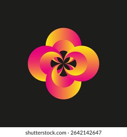 Gradient flower emblem. Pink yellow blend. Black background contrast. Vector vivid petals.