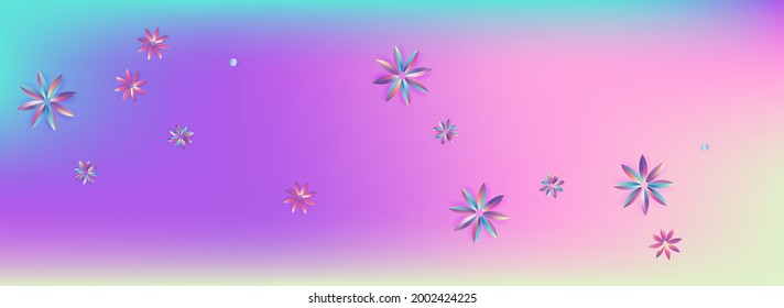 Gradient Flower Tropical Blue Panoramic Background. Holographic Petal Pattern. Graphic Blue and Pink Flyer. Light Hibiscus Vector Poster.