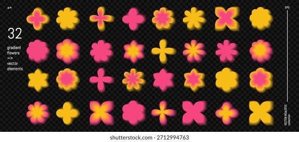 Flor degradada con aura y2k y efecto de desenfoque abstracto para fondo estético. Forma borrosa rosa desenfocada con forma geométrica fluida suave. Conjunto de pegatinas transparentes de Vector retro para póster de moda
