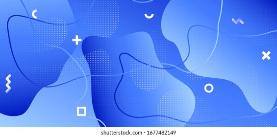 Gradient Fluid Banner. Business Liquid Presentation. Abstract Memphis Brochure. Blue Graphic Pattern. Creative Fluid Poster. Trendy Wave Illustration. Abstract Geometric Ornament. Fluid Design.
