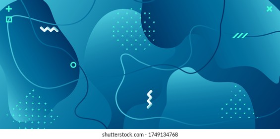 Banner de fluido degradado. Ilustración Líquida De Negocios. Plantilla geométrica abstracta. Pintura de vectores azules. Formas mínimas de fluidos. Fondo Líquido De Moda. Resumen de Memphis Ornament. Diseño fluido.