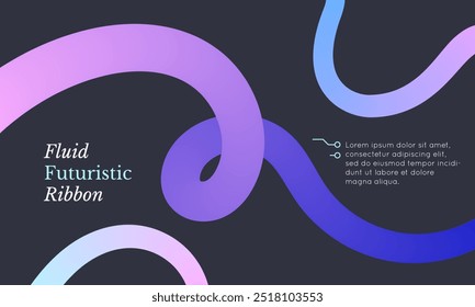 Gradient fluid line. Banner template with abstract flowing ribbon on dark gray background. Vector illustration. Blend palette. Brochure design. Tech trendy flyer.