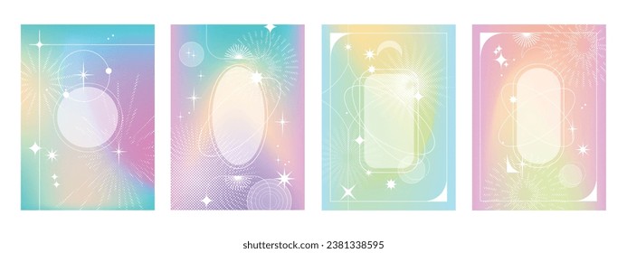 Gradient fluid poster template, blur figure holographic u2k background, vector line abstract shapes. Brutalism cute geometry pastel frame set vibrant modern minimalist futuristic star. Gradient poster
