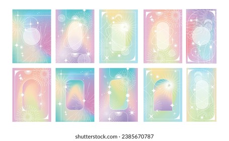 Gradient fluid poster template, figure holographic u2k blur background, vector line abstract shapes. Brutalism cute geometry pastel frame set vibrant modern minimalist futuristic star. Gradient poster