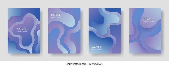 Gradient fluid shapes abstract covers vector set. 3d folder backgrounds design. Organic bubble fluid splash shapes, oil drop molecular mixture concept backdrop. Cover templates.