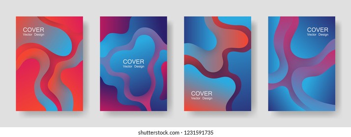 Gradient fluid shapes abstract covers vector collection. Glitch flyer backgrounds design. Organic bubble fluid splash shapes, oil drop molecular mixture concept backdrop. Cover layouts.