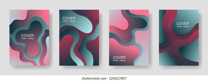 Gradient fluid shapes abstract covers vector set. Retro poster backgrounds design. Organic bubble fluid splash shapes, oil drop molecular mixture concept pattern. Cover pages.