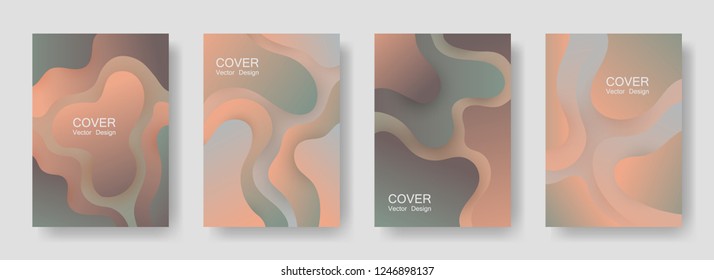 Gradient fluid shapes abstract covers vector set. Vibrant flyer backgrounds design. Organic bubble fluid splash shapes, oil drop molecular mixture concept backdrop. Cover layouts.