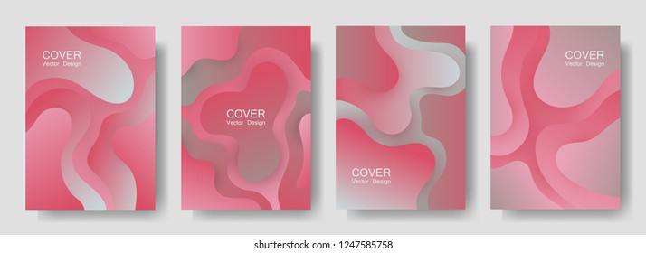 Gradient fluid shapes abstract covers vector collection. Geometric magazine backgrounds design. Organic bubble fluid splash shapes, oil drop molecular mixture concept backdrop. Cover layouts.