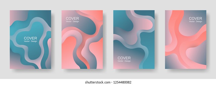 Gradient fluid shapes abstract covers vector set. 3d brochure backgrounds design. Organic bubble fluid splash shapes, oil drop molecular mixture concept pattern. Cover pages.