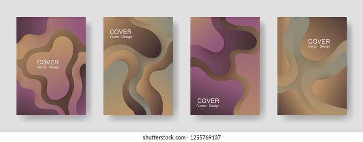 Gradient fluid shapes abstract covers vector set. Business magazine backgrounds design. Flux paper cut effect blob elements backdrop, fluid wavy shapes texture print. Cover pages.