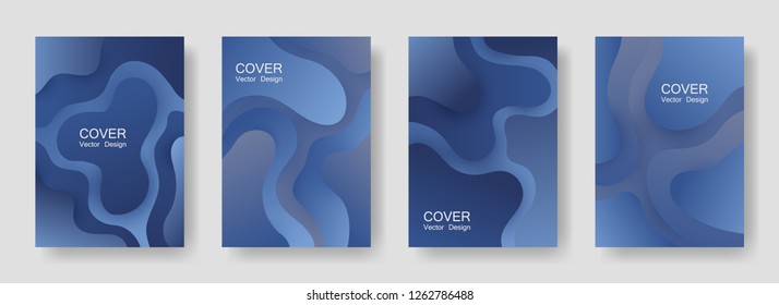 Gradient fluid shapes abstract covers vector collection. Trendy magazine backgrounds design. Flux paper cut effect blob elements backdrop, fluid wavy shapes texture print. Cover templates.