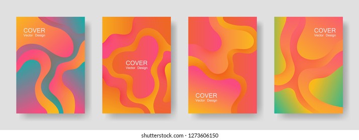 Gradient Fluid Shapes Abstract Covers Vector Set. Trendy Brochure Backgrounds Design. Flux Paper Cut Effect Blob Elements Pattern, Fluid Wavy Shapes Texture Print. Cover Layouts.